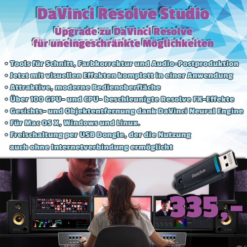 Blackmagic DaVinci Resolve Studio in der Dongleversion um 335 €
