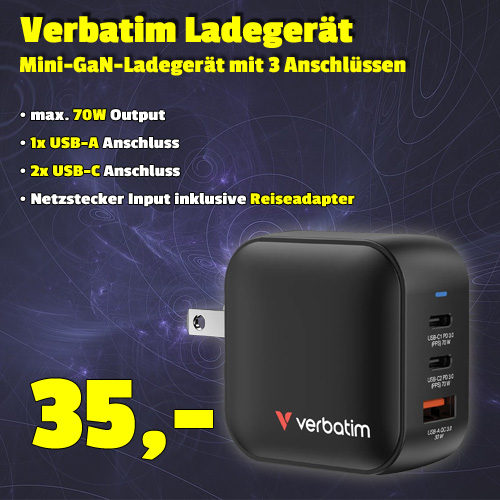 Verbatim 70W Mini-GaN-Ladegerät um 35 €